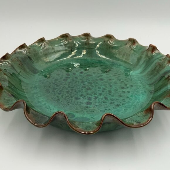 Jacon JB COLE Pottery North Carolina Ruffled Pie Plate Green Malachite Glaze - Picture 5 of 10
